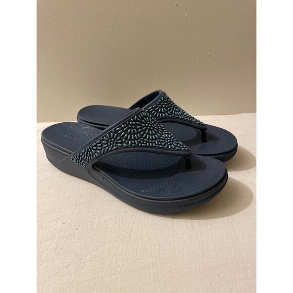 Croc's Women's Size 11 Monterey Diamante Blue‎ Wedge Flip Flop Sandals Beaded - Picture 1 of 8